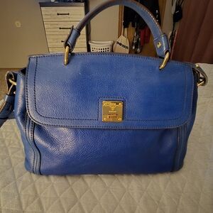 Blue Leather Handbag with Gold Accents